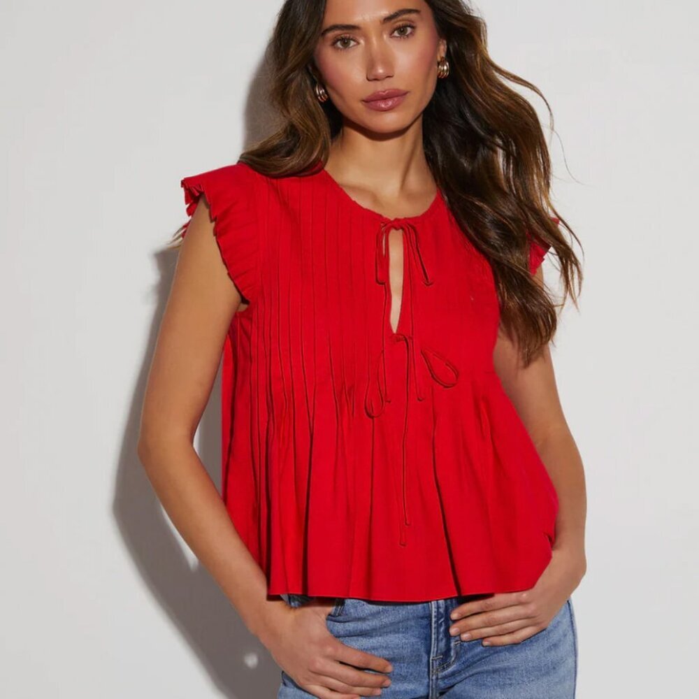 Vici Red Pleated Tie-Front Flutter Sleeve Blouse